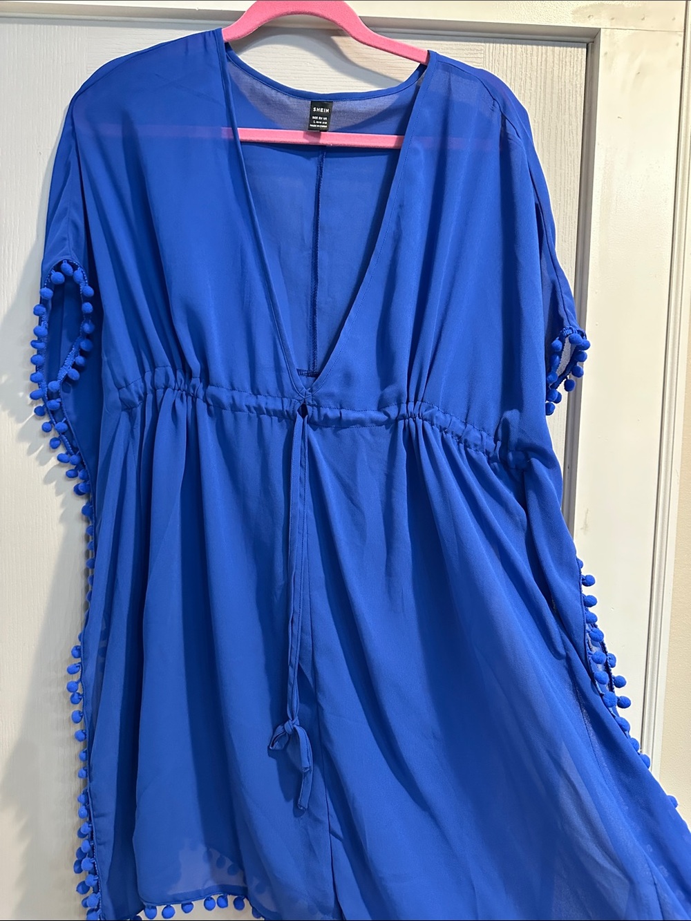 SHEIN Royal Blue Sheer Pom-Pom Tie-Waist Swim Coverup Adjustable